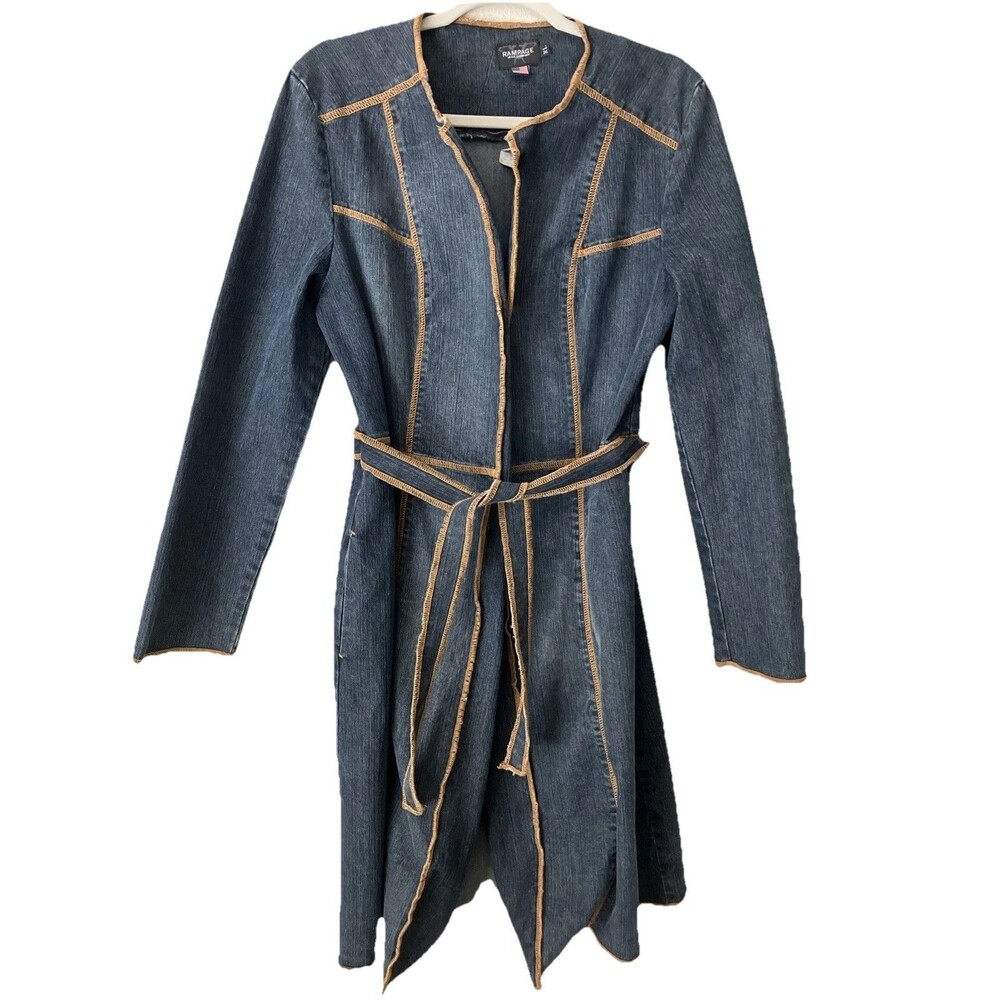 Vtg Rampage Denim Long Jacket Duster Coat Hippie 90s Boho Patch Large / XL